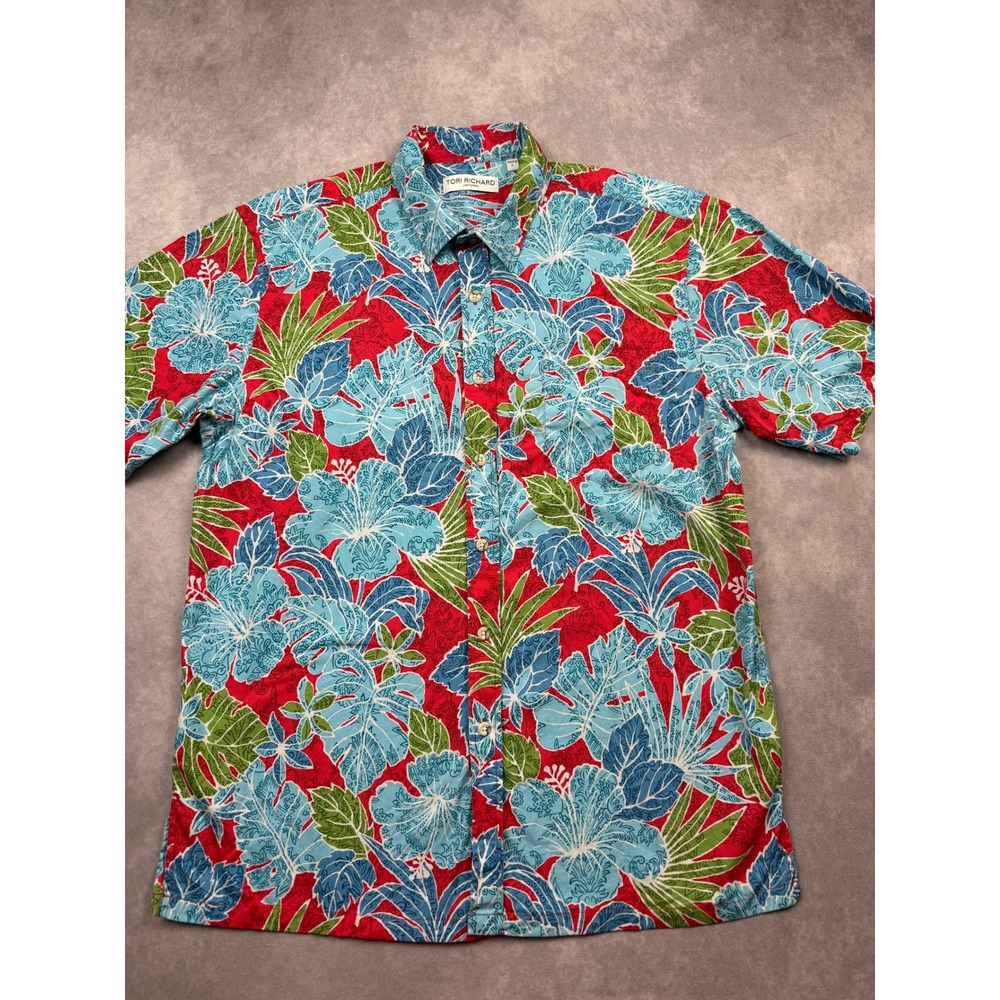 Tori Richard Uniforms Mens L Red Blue Hibiscus Floral Cotton Aloha Camp Shirt